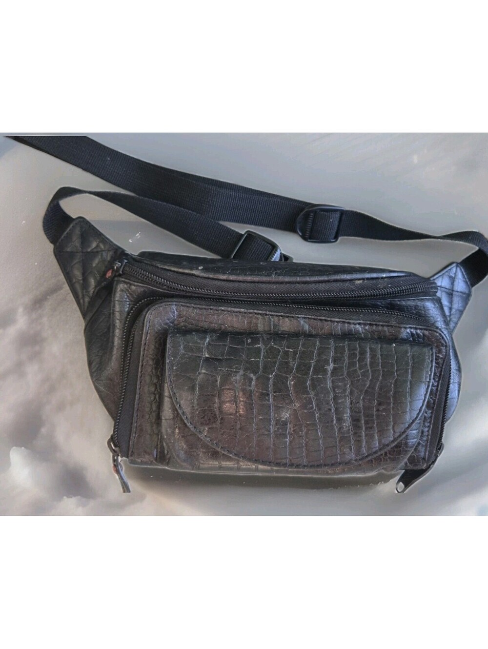 Black Genuine Leather Faux Skin Emboss Waist Belt Fanny Pack Adjustable 7 Pocket